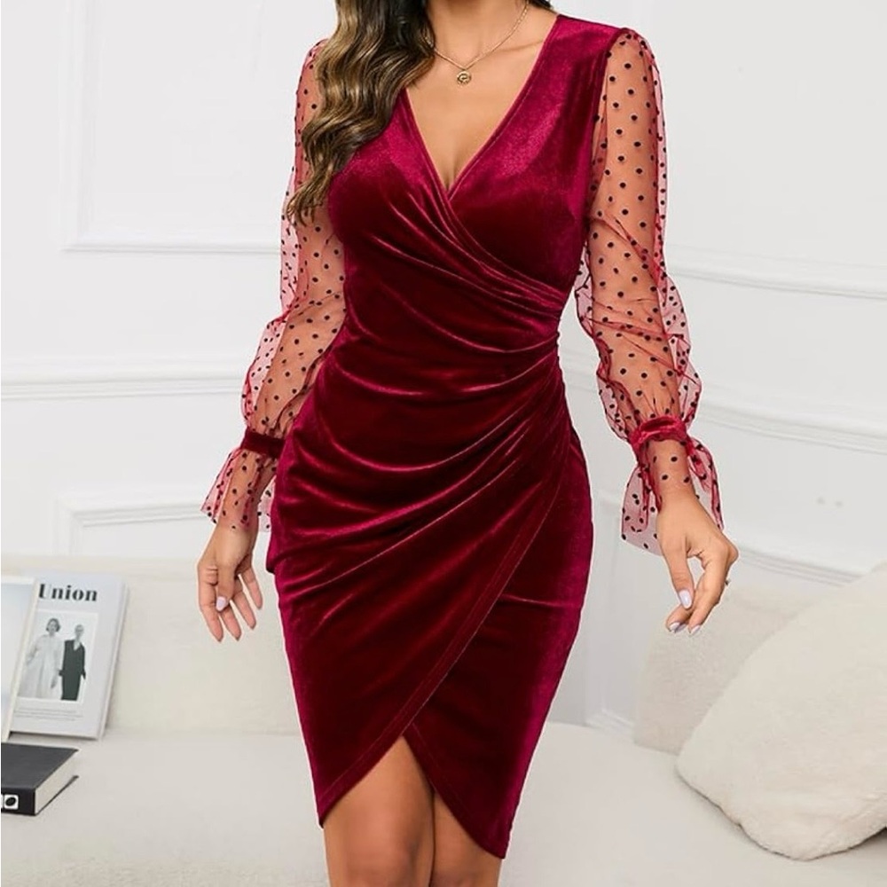 Velvet Wrap Burgundy Cocktail Dress with Sheer Polka Dot Sleeves